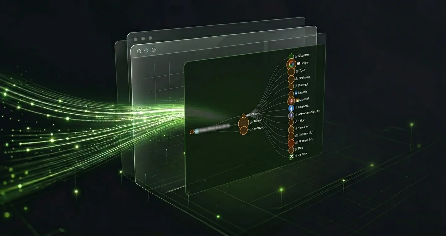 Vendor tree visualization showing 15+ third-party vendors connected from a single page load